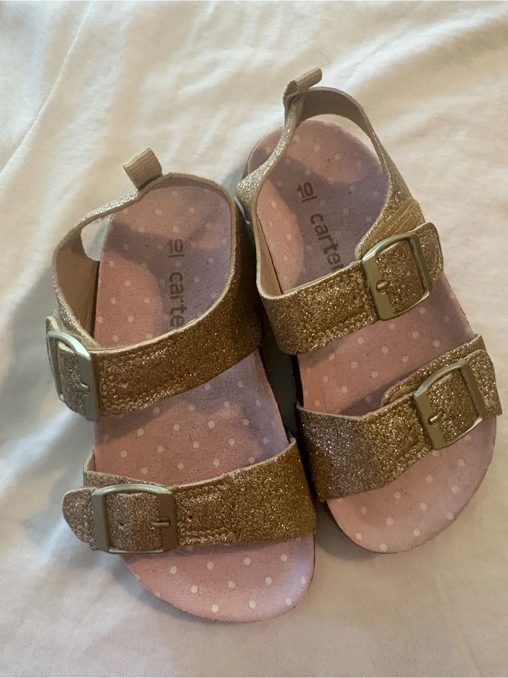 Carter's Glitter Gold Buckle Sandals with Pink Polka Dot Insole